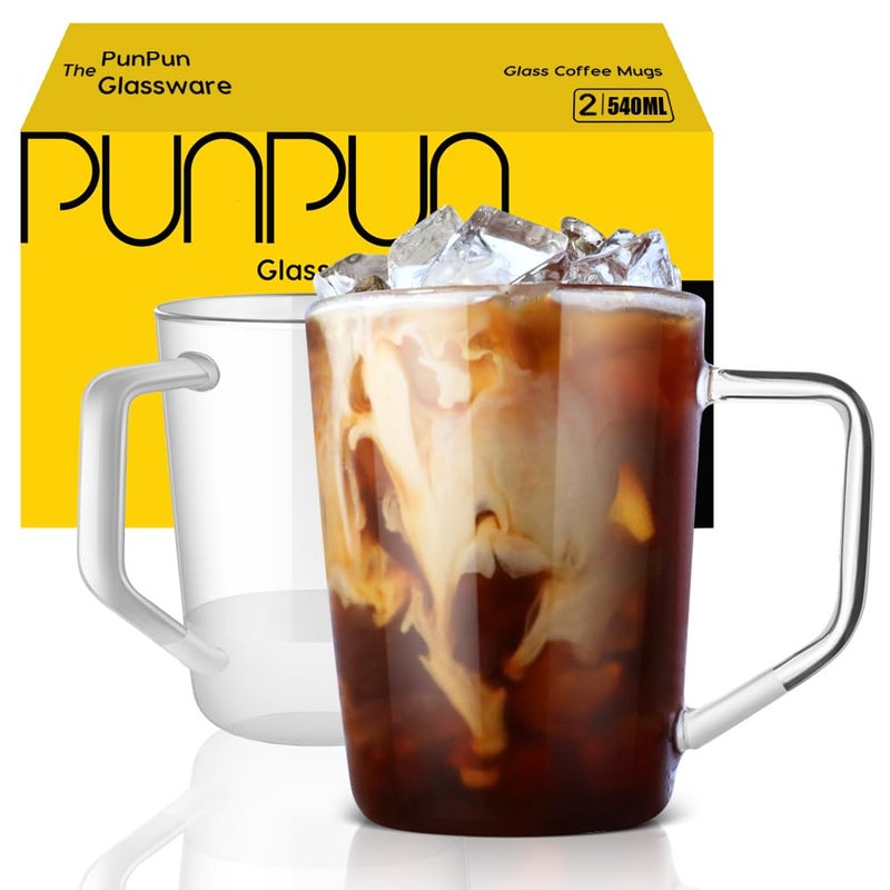 PunPun Clear 18.4oz.540ml Glass Coffee Mugs Set of 2, Glass Mugs with Big Handle, Large Wide Mouth Mugs, Clear Coffee Mugs for Cappuccinos, Latte and Juice, Heatable Cups - Image 1